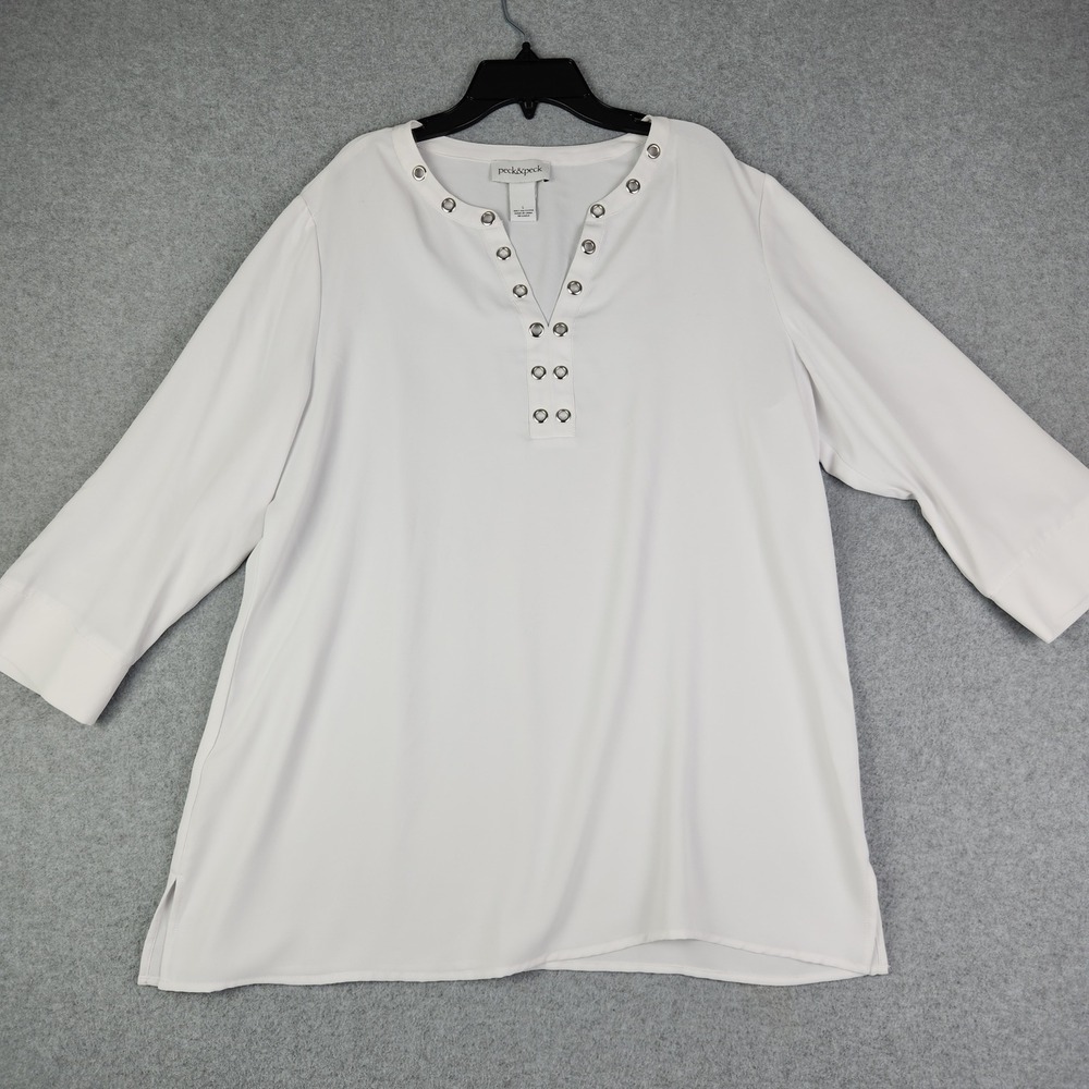 Peck & Peck Blouse Womens Size L White Split Neck Grommet 3/4 Sleeve Relaxed Fit
